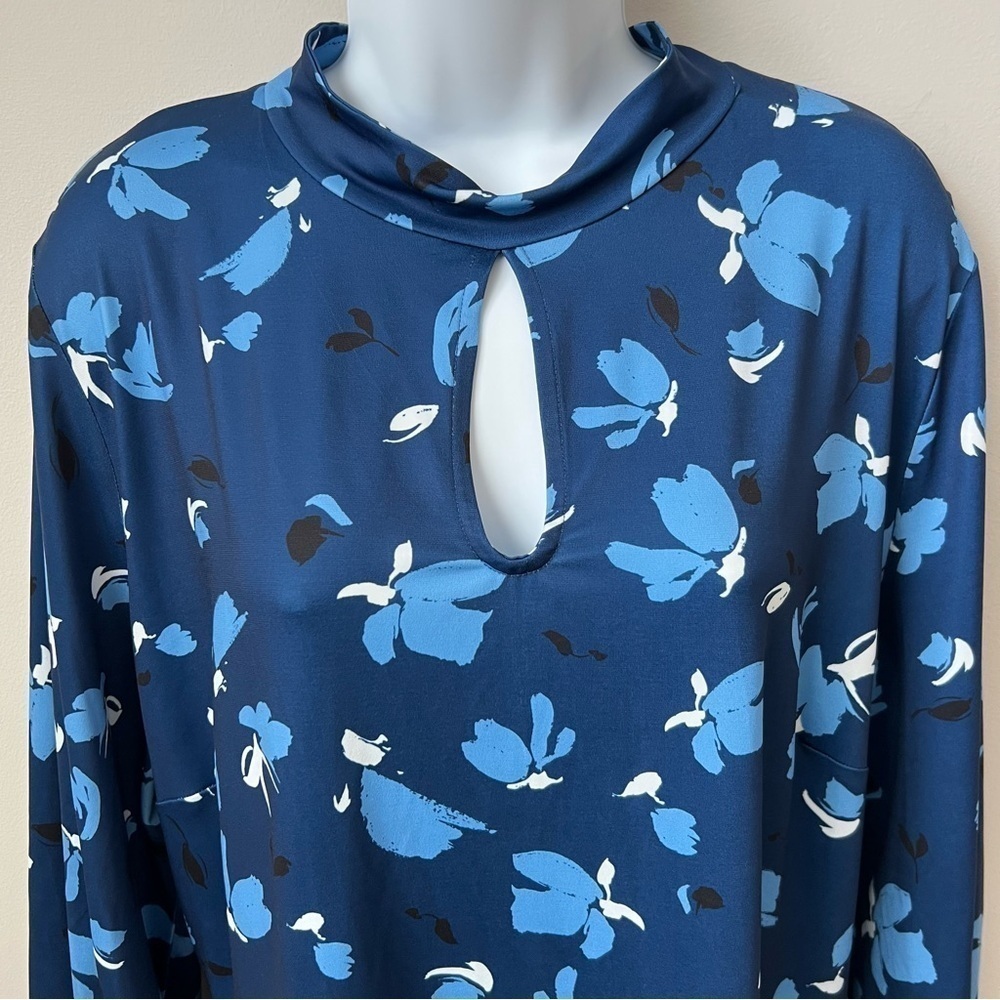 Eloquii Boho Tie Neck L/S Top Keyhole Back Cut Out Stretch Blue Floral 20 - Picture 2 of 10